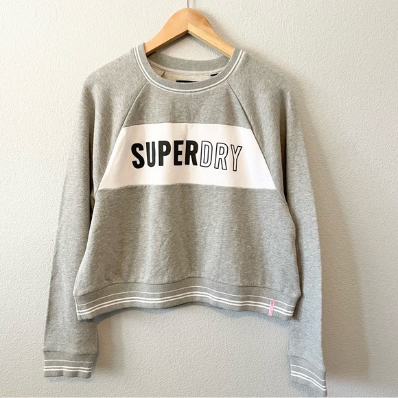 Superdry Grey and White Mock Neck Cropped Crew Sweatshirt - Picture 1 of 6